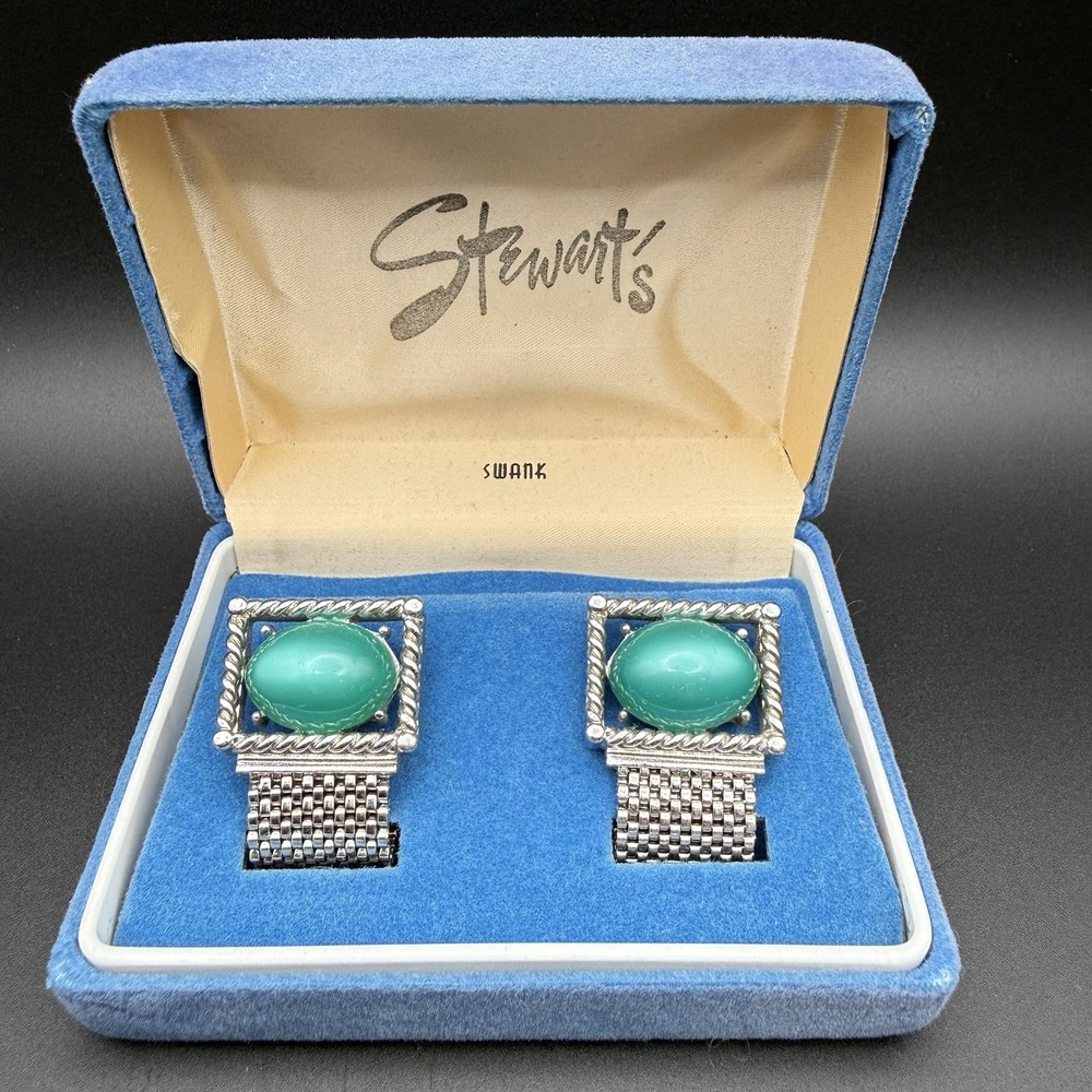 Vintage Swank Green Cabochon Cufflinks Silver Tone Mesh Wrap Back Mid Century